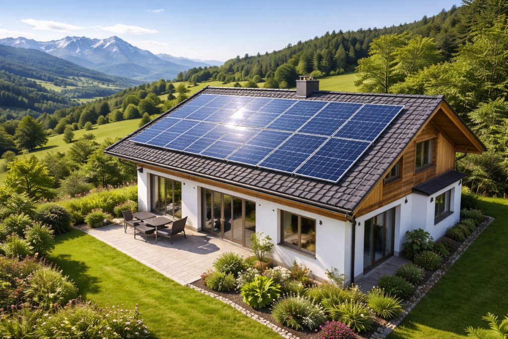 Wohnhaus mit Photovoltaikanlage auf dem Dach in der Schweiz