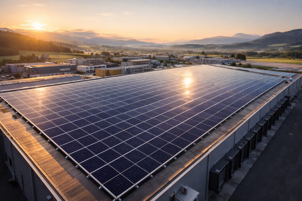 Gewerbegebäude mit grosser Photovoltaikanlage auf dem Dach
