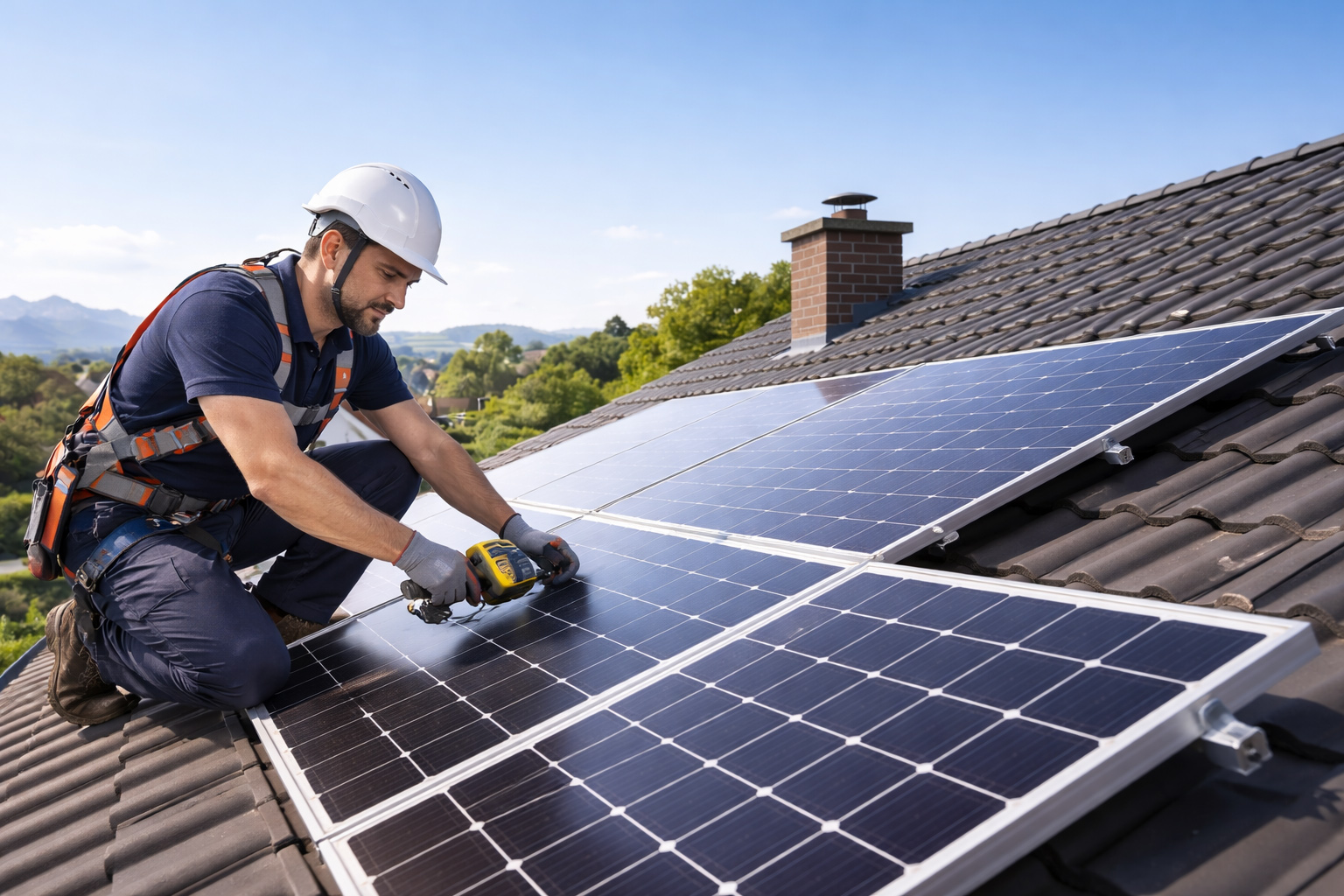 Techniker installiert Photovoltaikanlage auf einem Hausdach in der Schweiz