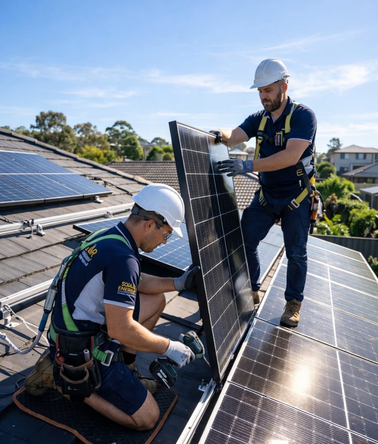 Techniker installieren Photovoltaikmodule auf einem Hausdach