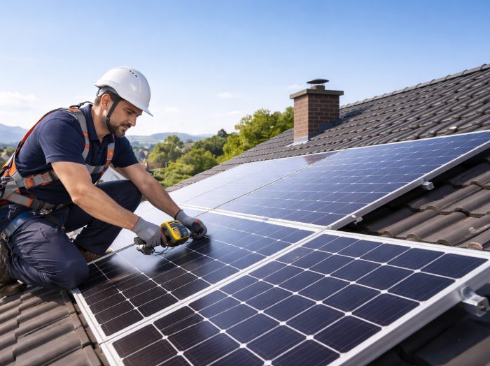 Techniker installiert Photovoltaikanlage auf einem Hausdach in der Schweiz